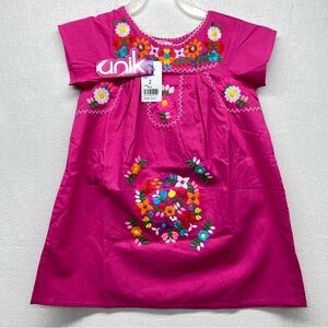 Unik Traditional Mexican Bright Fuchsia Embroidered Floral Dress Size 2 Casual